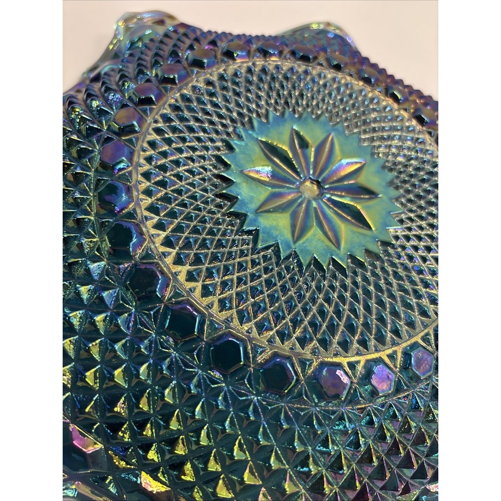 Vintage Blue/Purple Iridescent Carnival Glass 10" Ruffled Starburst/Diamond Bowl